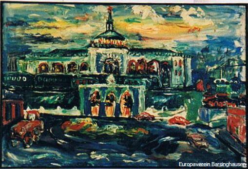 Ein Gemälde des Malers Valeri Gourski zeigt den Bahnhof in Brzeg Dolny