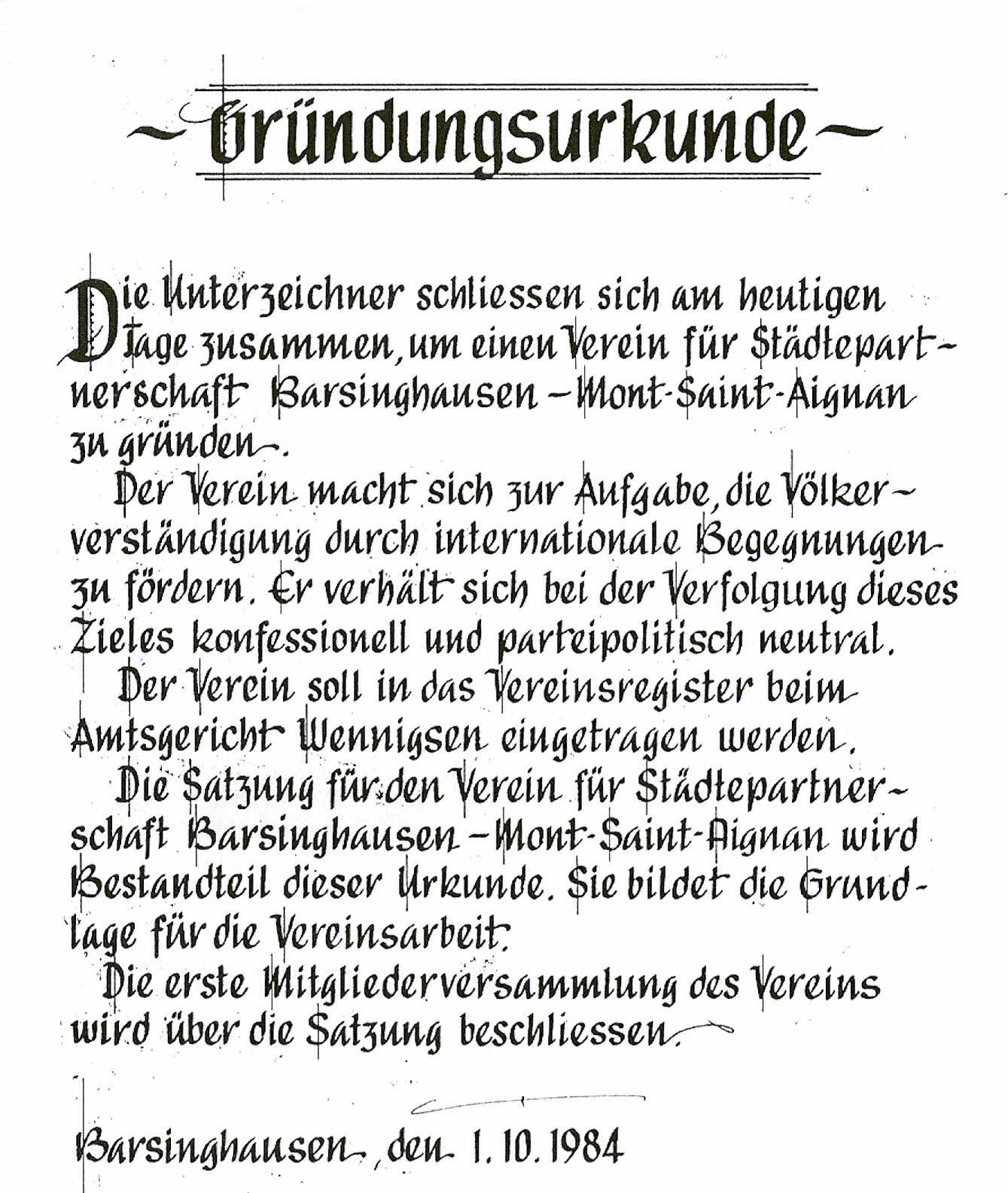 Die Gründungsurkunde des Vereins
